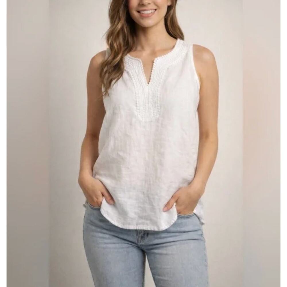 Talbots Womens L White Linen Split Neck Sleeveless Tunic Blouse Casual Top